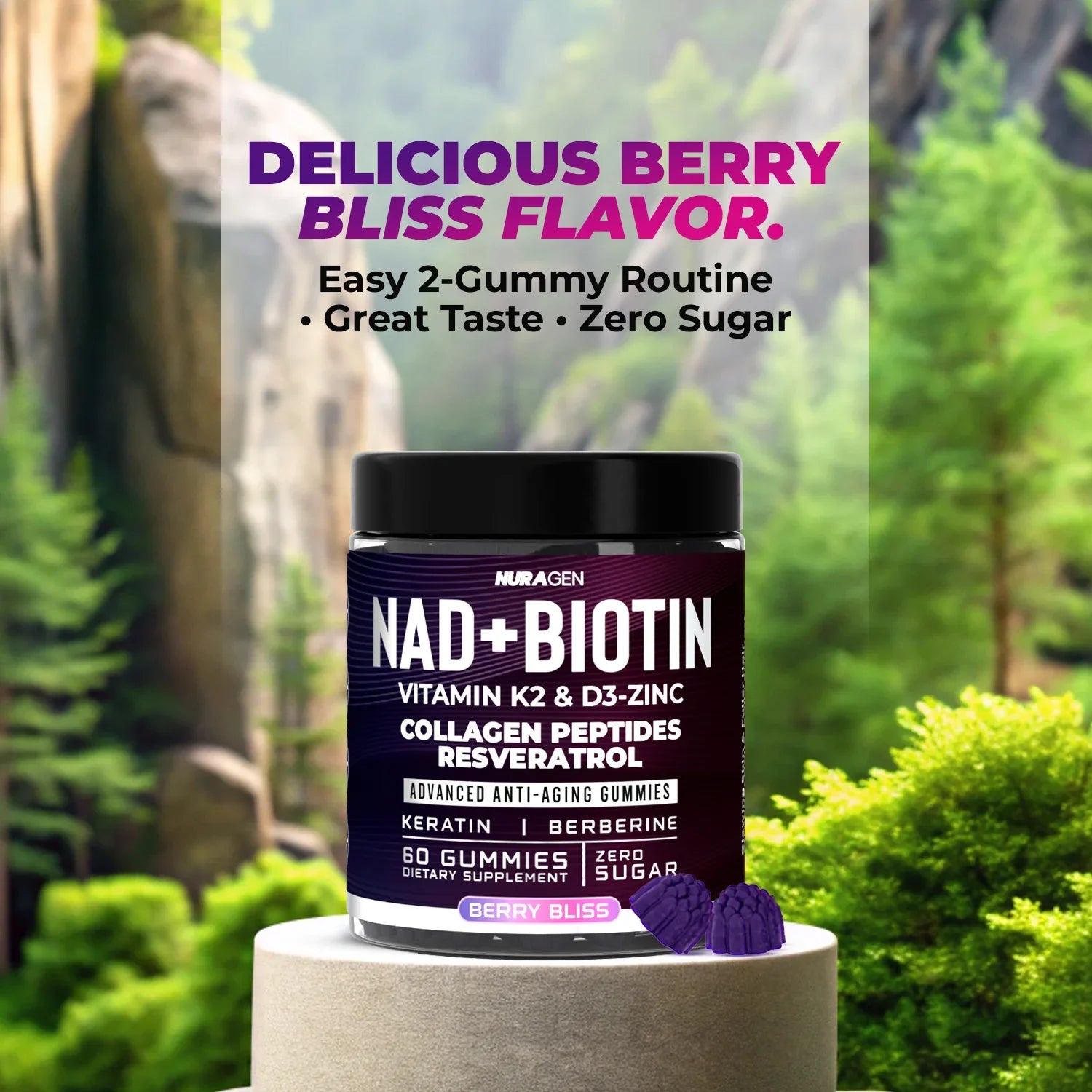 NuraGen NAD+ Biotin Collagen Gummies in Berry Bliss Flavor with Zero Sugar