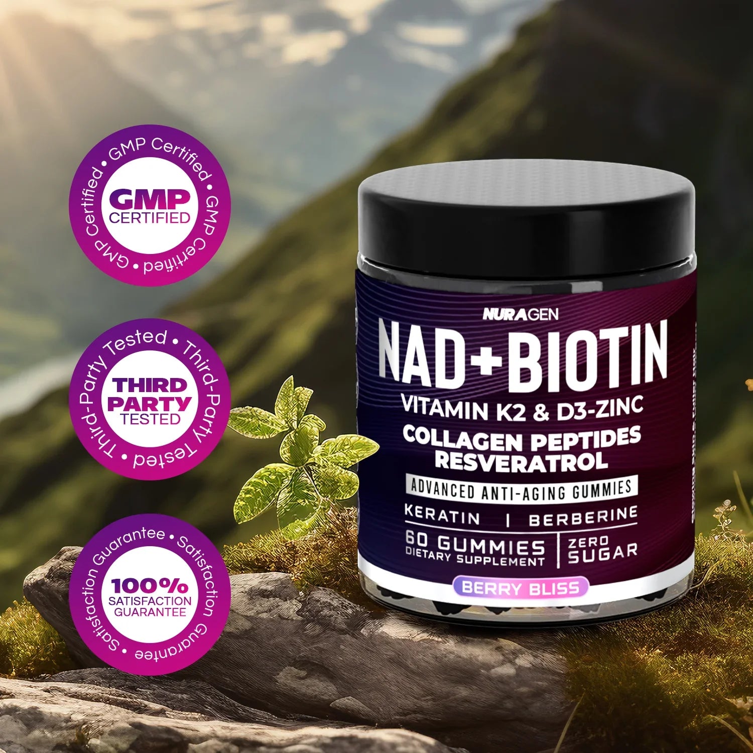 NuraGen NAD+ Biotin Collagen Gummies with GMP Certified and Third-Party Tested Badges