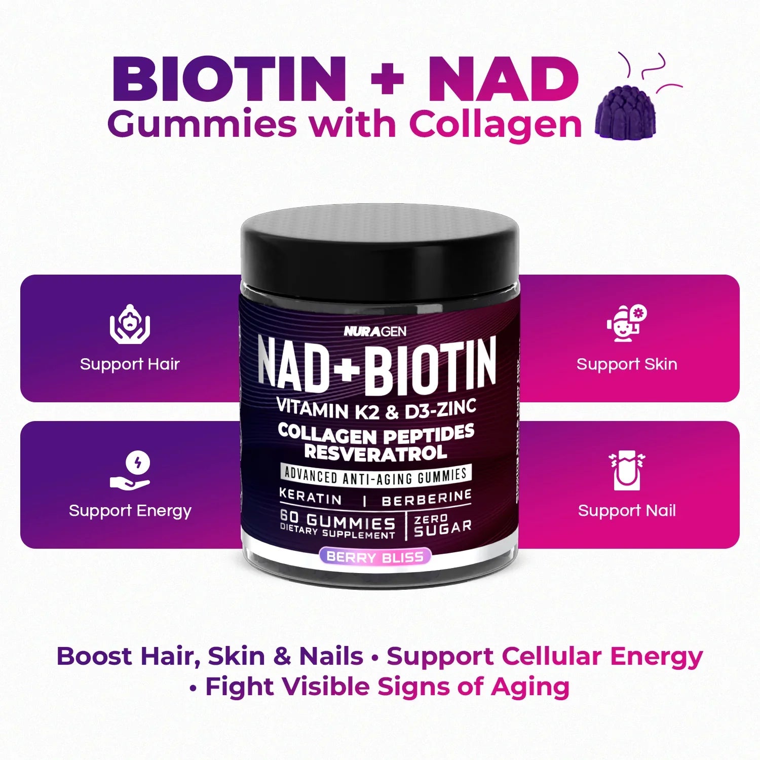 NuraGen Biotin and NAD+ Collagen Gummies for Hair, Skin, Nails, and Energy Support